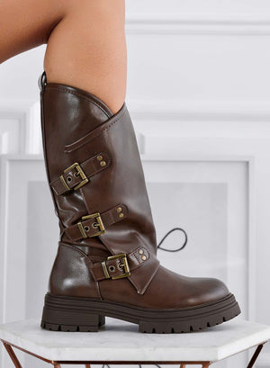 Brown biker ankle boots with buckles
