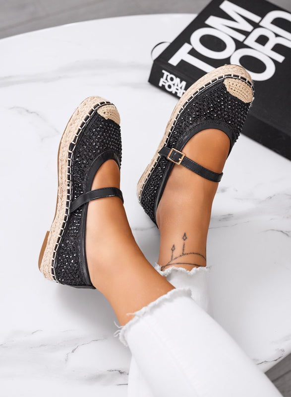 MARIKA - Espadrillas nere con strass e cinturino su suola in corda