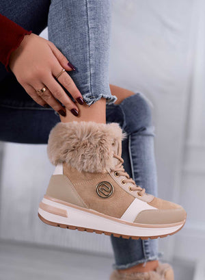 Mud-colored wedge sneakers with faux fur trim