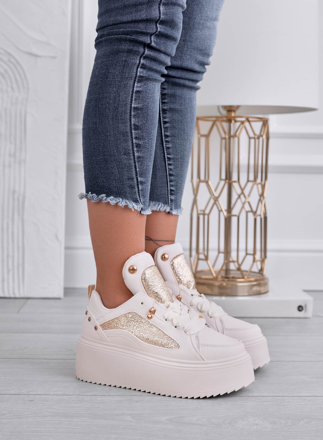 LUCILLA - Beige sneakers with wedge heel and gold laminated inserts