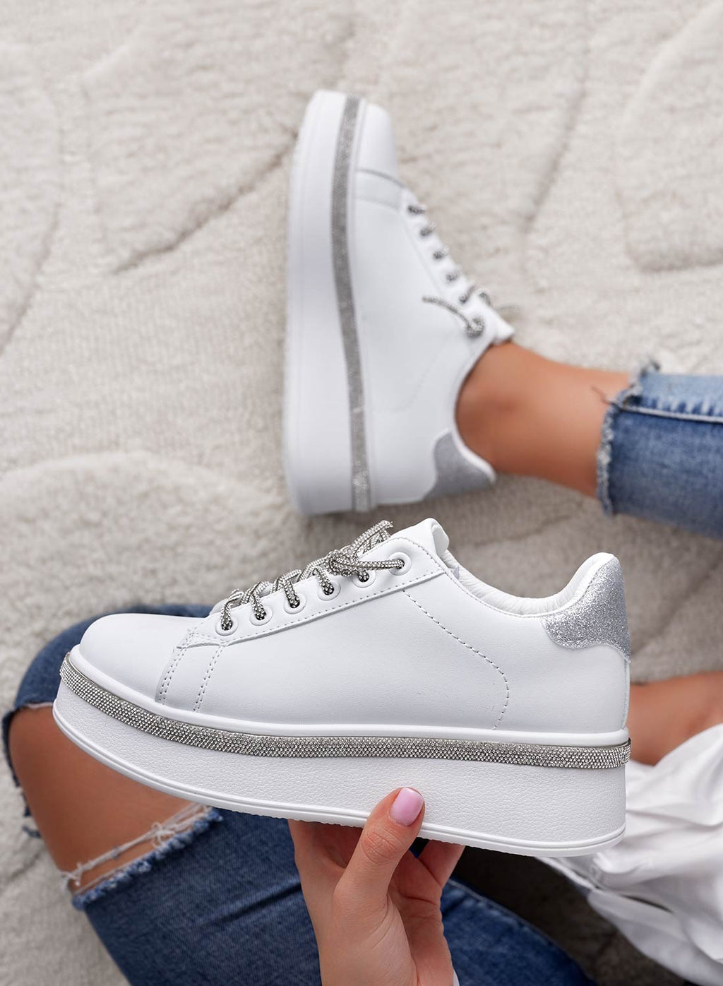 FRANKIE - Sneakers bianche con lacci gioiello argento