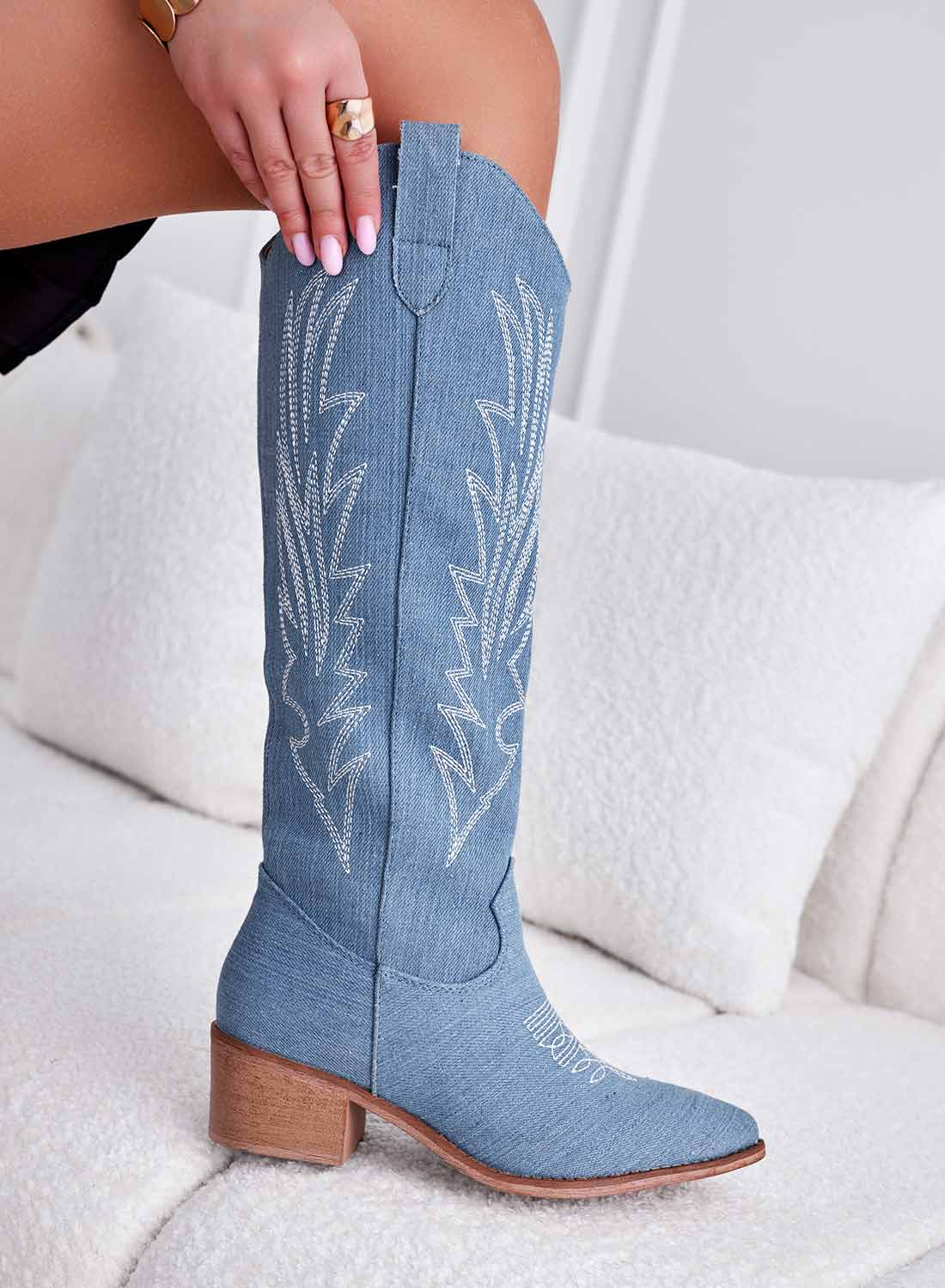 Stivali camperos blu jeans con ricamo