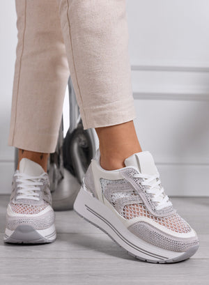 MIRANDA - Sneakers bianche Platform con Inserti Rete e Strass argento