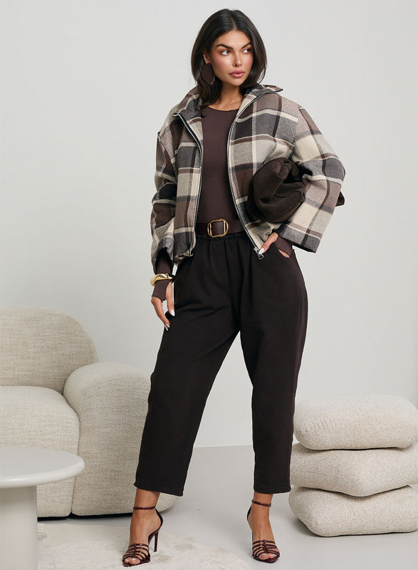 Blouson bomber à carreaux marron et beige