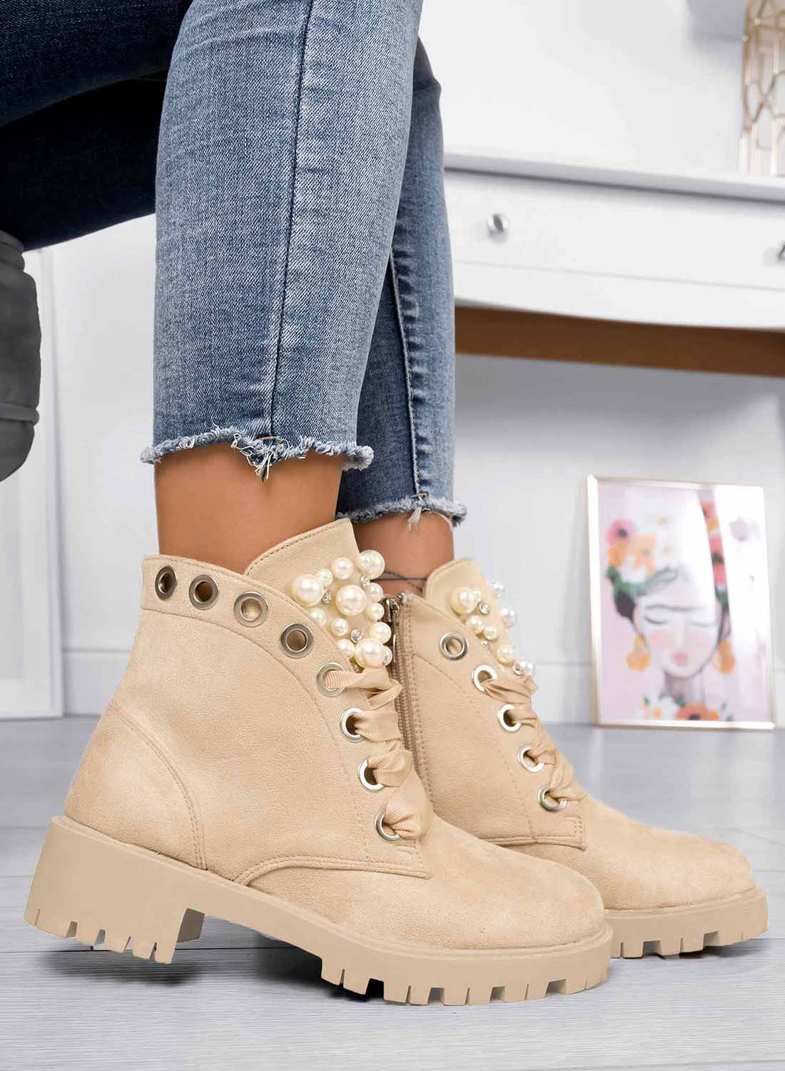 LEANNA - Beige low ankle boots Alexoo with pearls and stones
