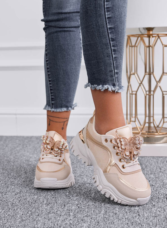 ANGELINA - Sneakers beige con applicazione farfalla gioiello