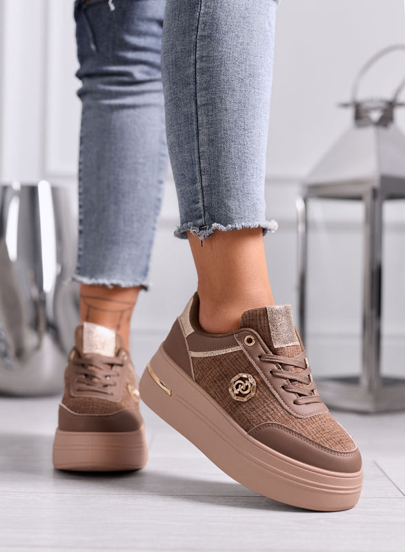 CARLA - Sneakers marroni Platform con Dettagli Oro e Glitter