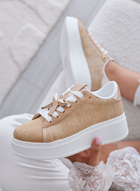 LINDA - Sneakers beige con Applicazioni Gioiello oro e Suola Platform