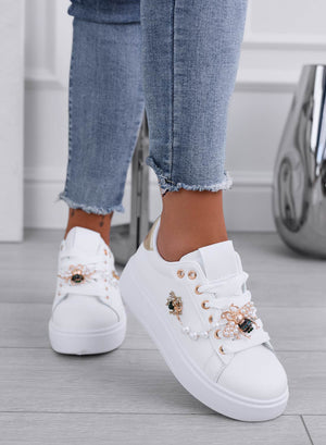 LILIANA - White sneakers with gold heel and jeweled bee embellishment