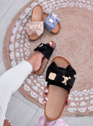 MARINA - Black slide sandals with bow and gold teddy