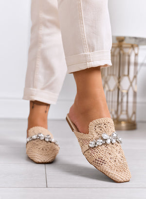 ORIETTA - Beige lace mules with rhinestones and square toe