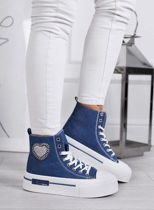 LARA - High-top denim sneakers with platform sole and heart applique