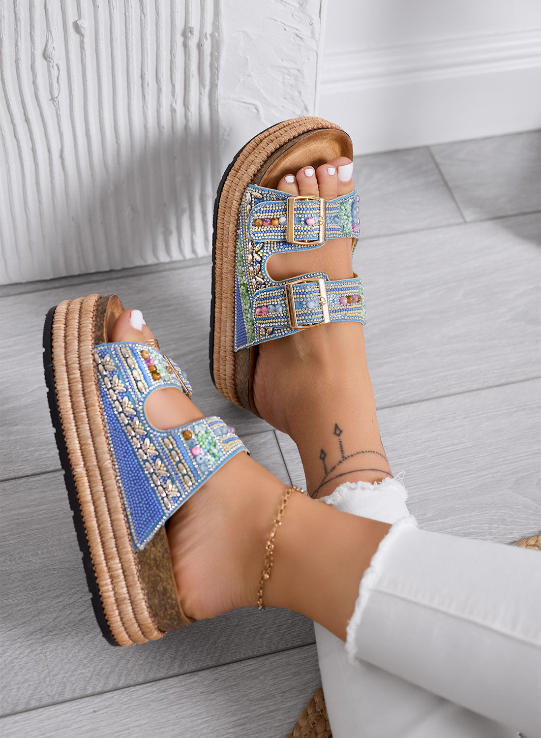 LOGAN - Light blue sandals Platform slippers with colorful beads and rhinestones