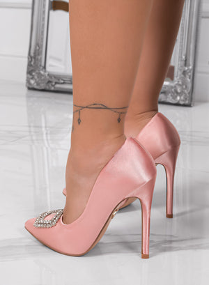 JANET - Pink satin pumps by Alexoo with jewel embellishment