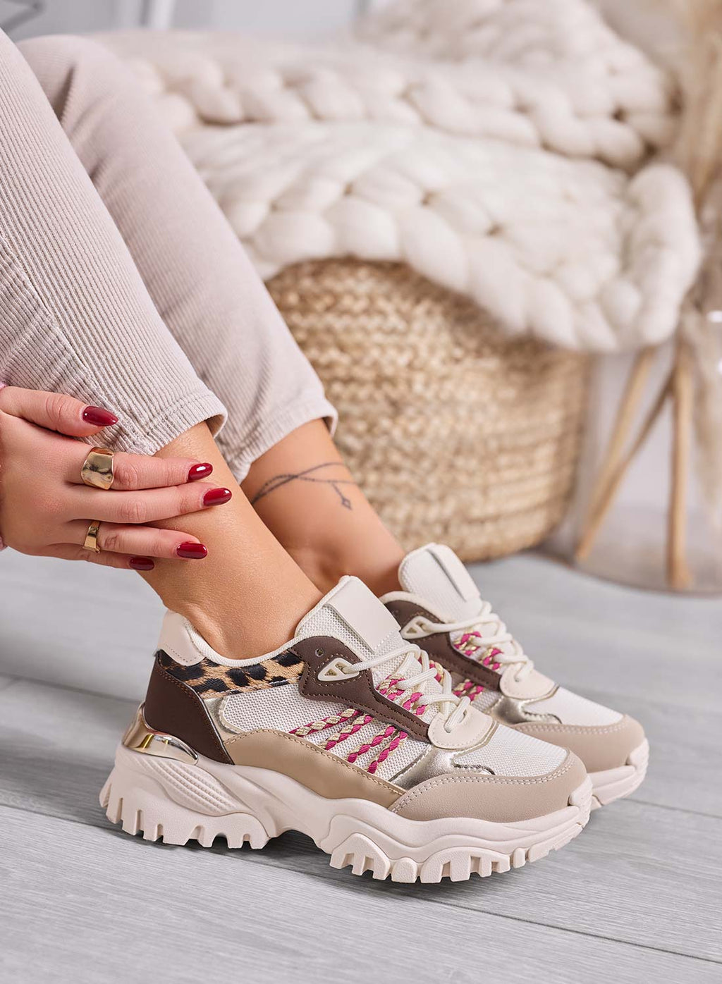 PARKER - Sneakers donna beige con suola alta e inserti maculati marroni