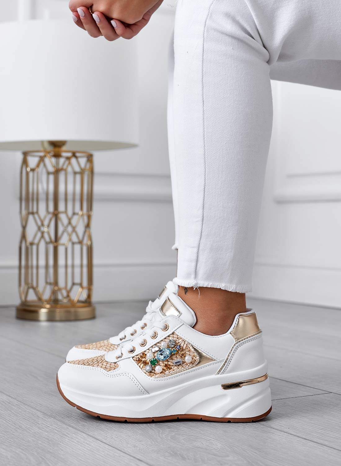 White sneakers with fabric inserts and jewels