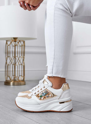 White sneakers with fabric inserts and jewels