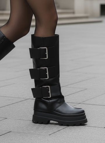 TANGERI - Black high boots with large buckles and platform sole