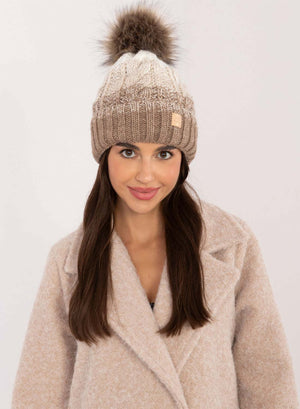 Mud-colored hat with inner padding and pompom