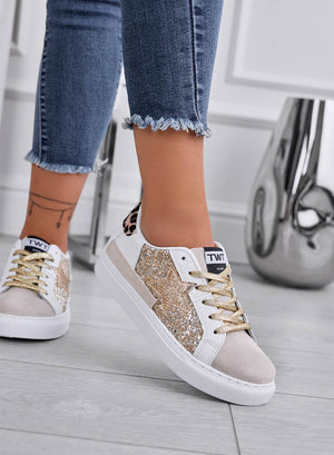 Beige sneakers with star and gold glitter inserts