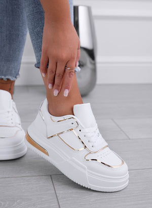ROBBIE - White sneakers with laces and gold trims