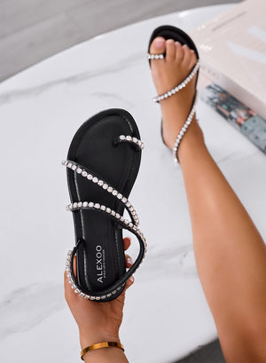 HALLEY - Black flat thong sandals by Alexoo with rhinestones