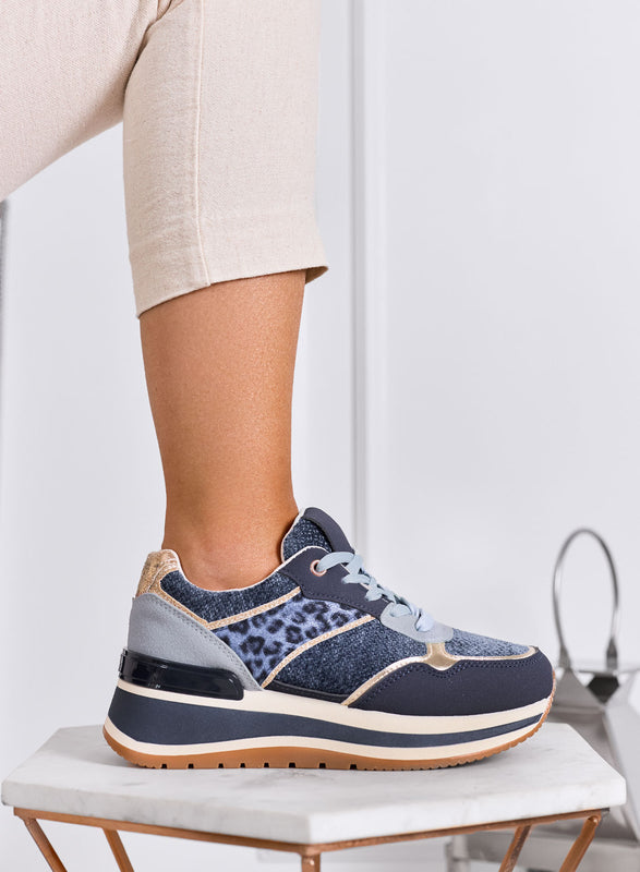 ATENE - Sneakers blu con dettagli animalier e suola alta