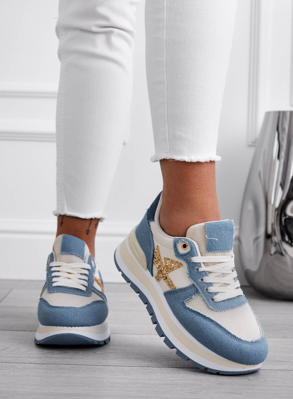 TYLER - Sneakers blu jeans con inserti glitter oro