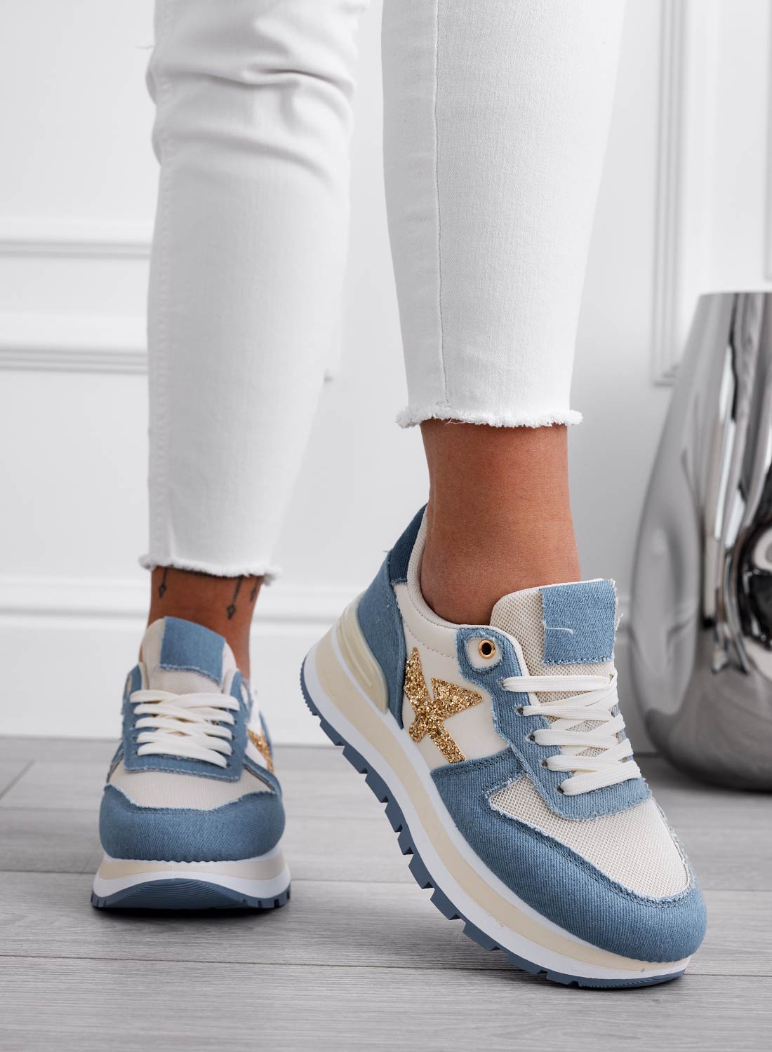 TYLER - Sneakers blu jeans con inserti glitter oro