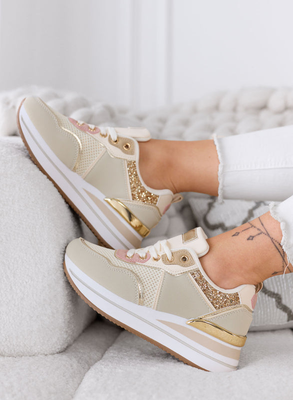 VALDA - Sneakers beige con inserti glitter oro