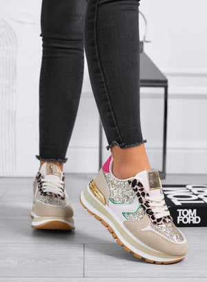 DIXON - Women's beige sneakers with gold glitter and leopard print details