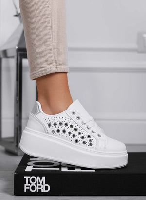 BAKER - White perforated sneakers with silver metallic eyelets