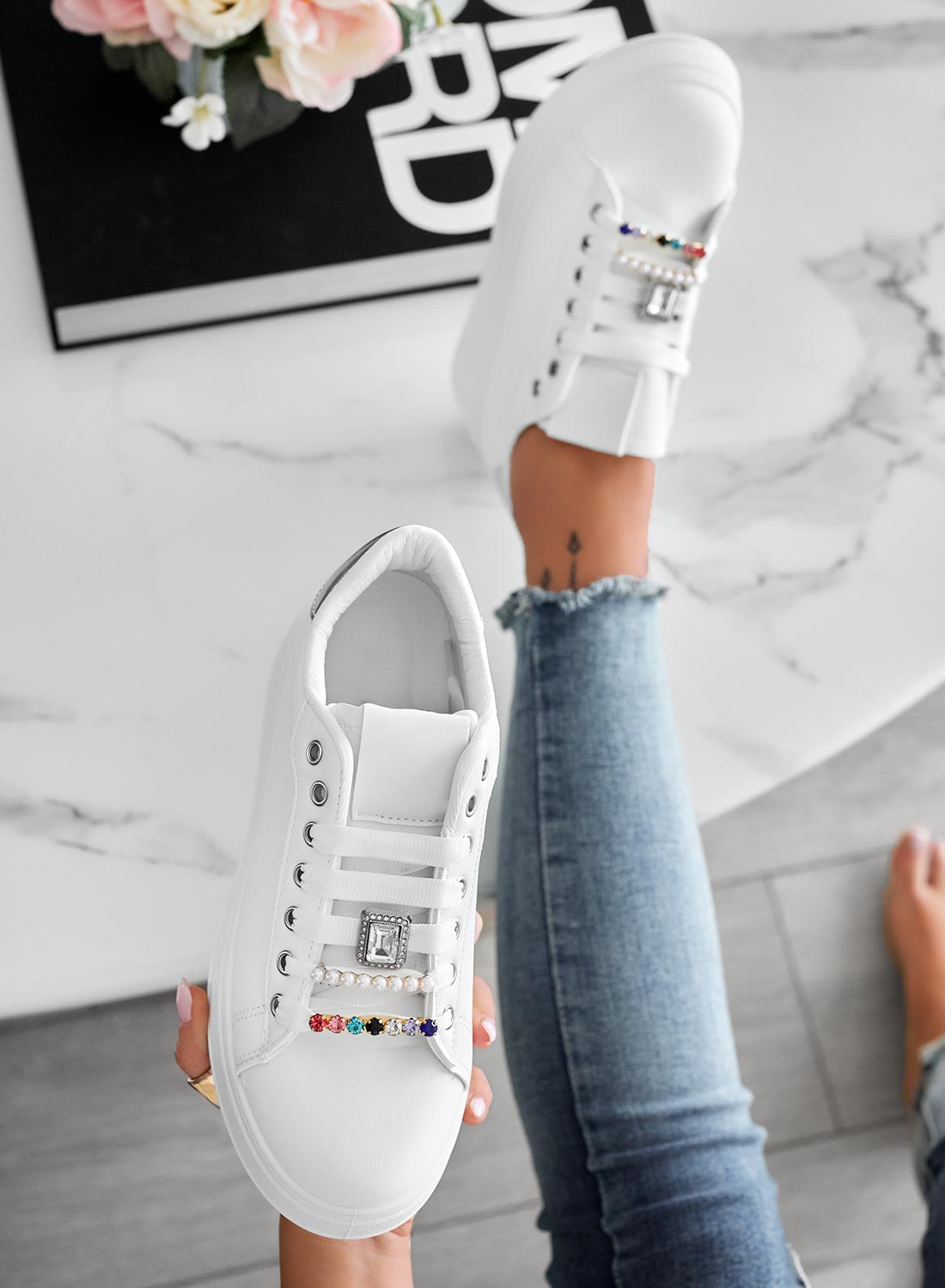 White sneakers with jewel appliqué and silver heel