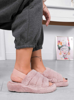 KEIRA - Pink faux fur slippers with elastic