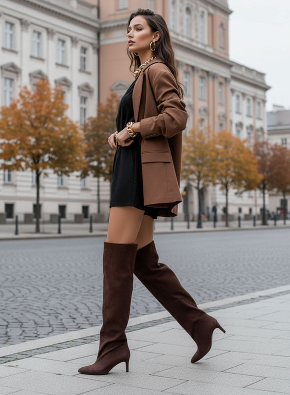 ANGIE - Brown suede high boots with stiletto heel