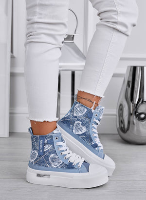 BARTH - High-top sneakers in blue denim with pattern