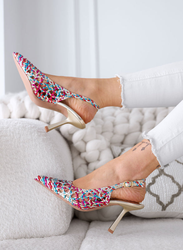 ISABEL - Décolleté multicolor slingback in rafia intrecciata con tacco