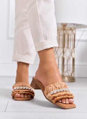 ROSITA - Camel sandals with rhinestone strap and comfortable heel