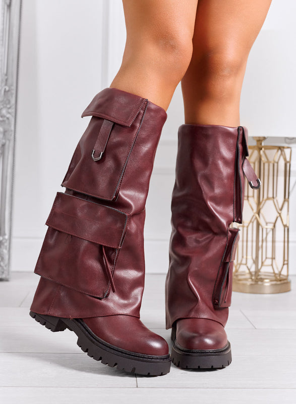 TEXI - Stivali bordeaux al ginocchio con tasche laterali e suola chunky