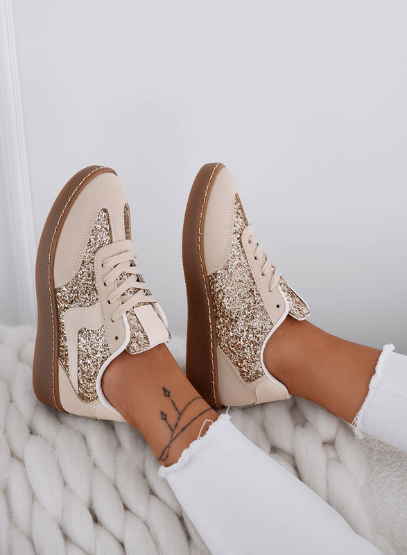 DOLORES - Sneakers beige con glitter oro