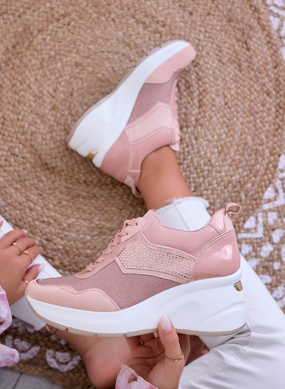 XENIA - Sneakers rosa con zeppa e strass