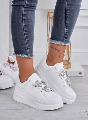 IRENE - White sneakers with silver jeweled butterfly appliqué