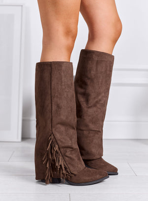 ETHEL - Brown camper boots with fringes and wide heel