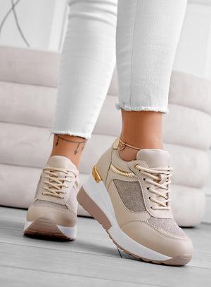 Beige sneakers with gold glitter fabric inserts