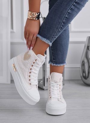 High-top cream sneakers in faux fur with gold heart