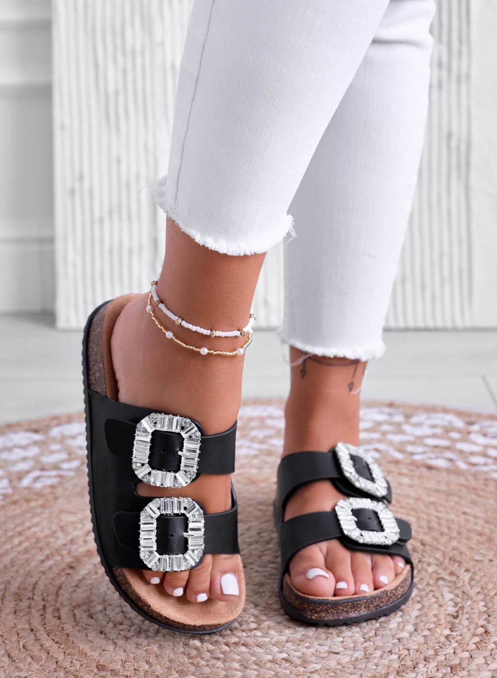 ADDY - Sandali ciabatta neri in sughero e fibbie in strass