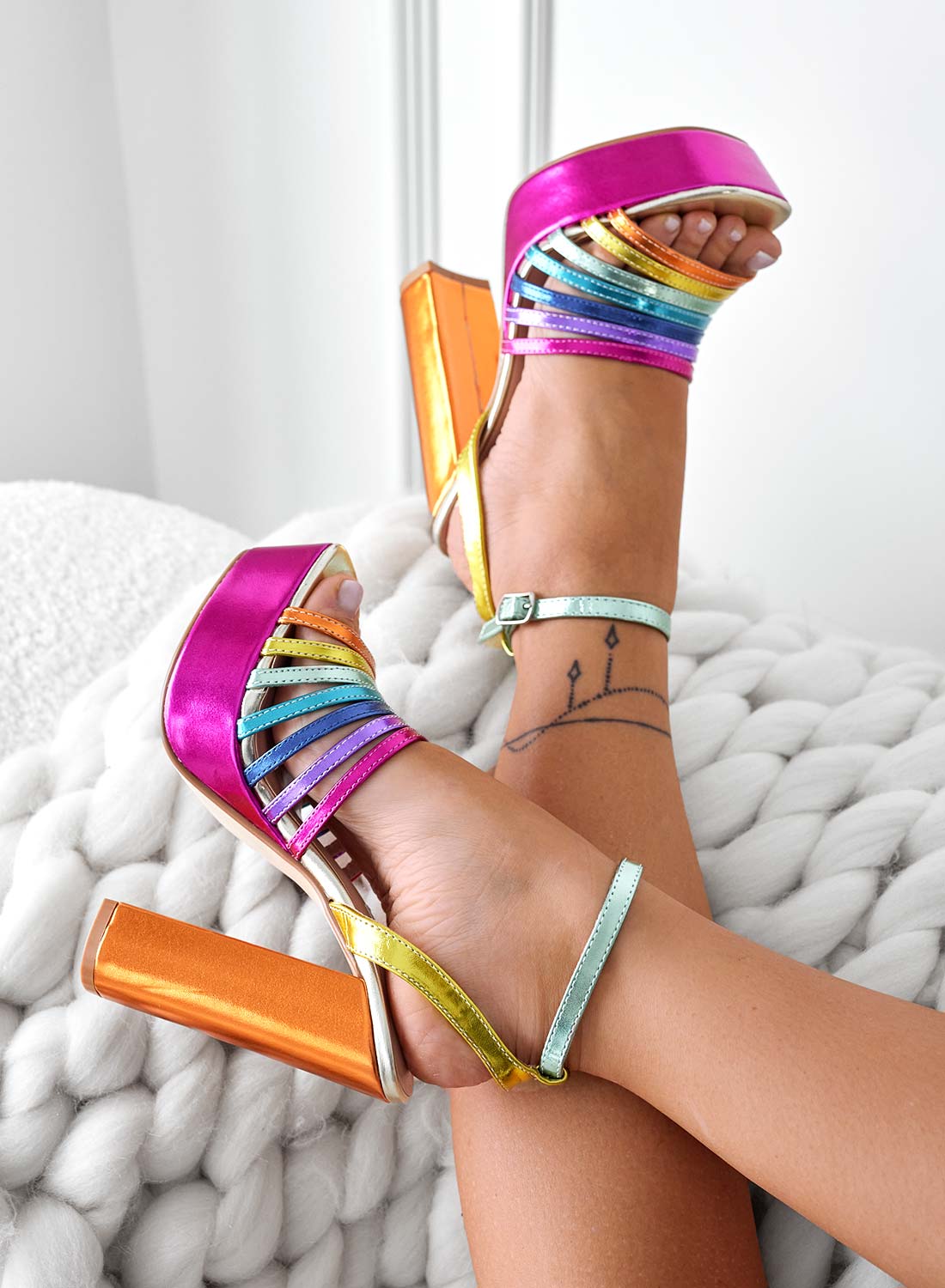 Multicolor lace-up sandals with high heel