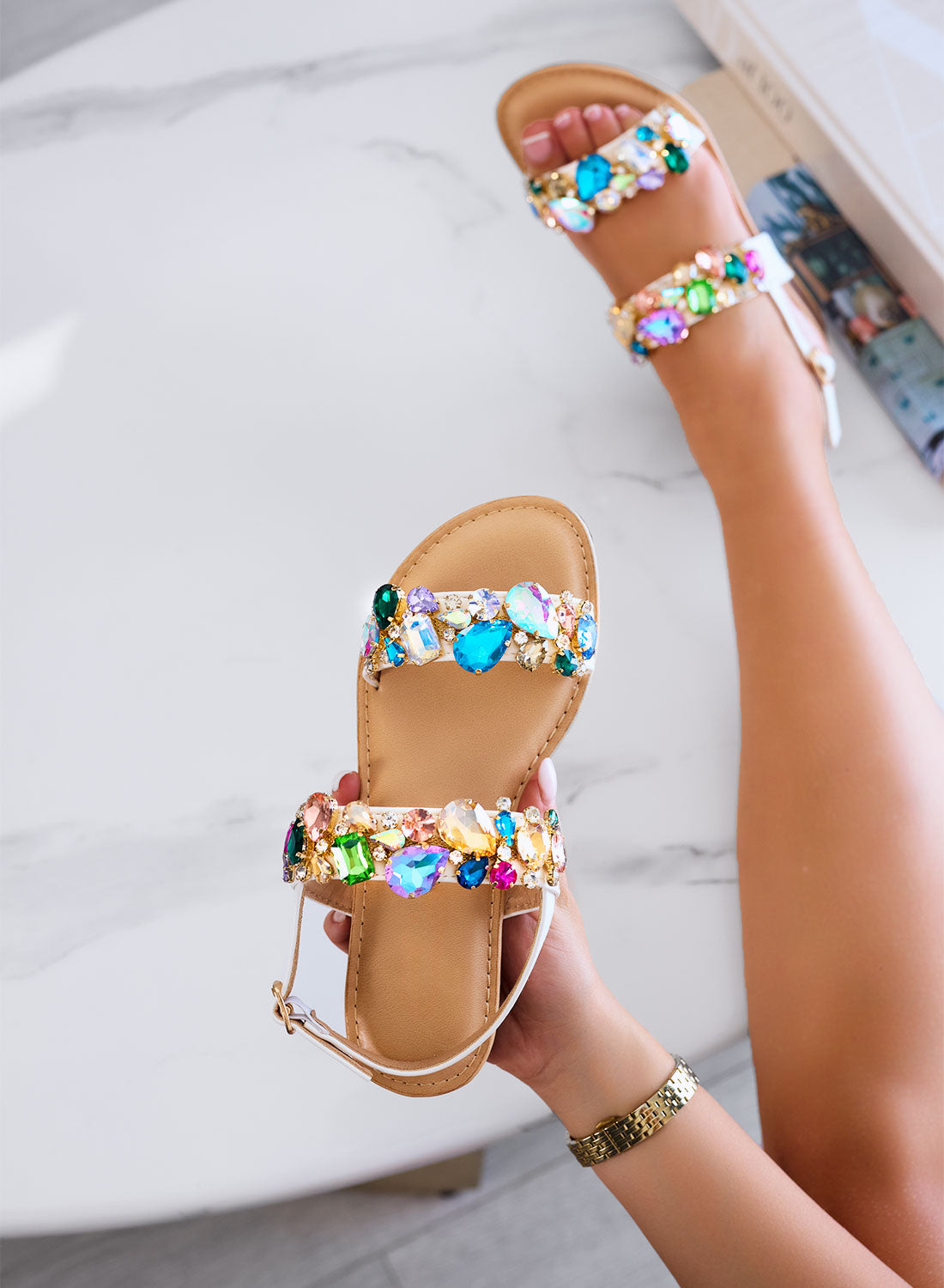 DIAMOND - Low white sandals with multicolor jewel stones and ankle strap