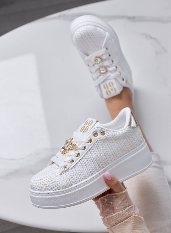 VENERE - White Woven Sneakers with Jewel Bee Applications