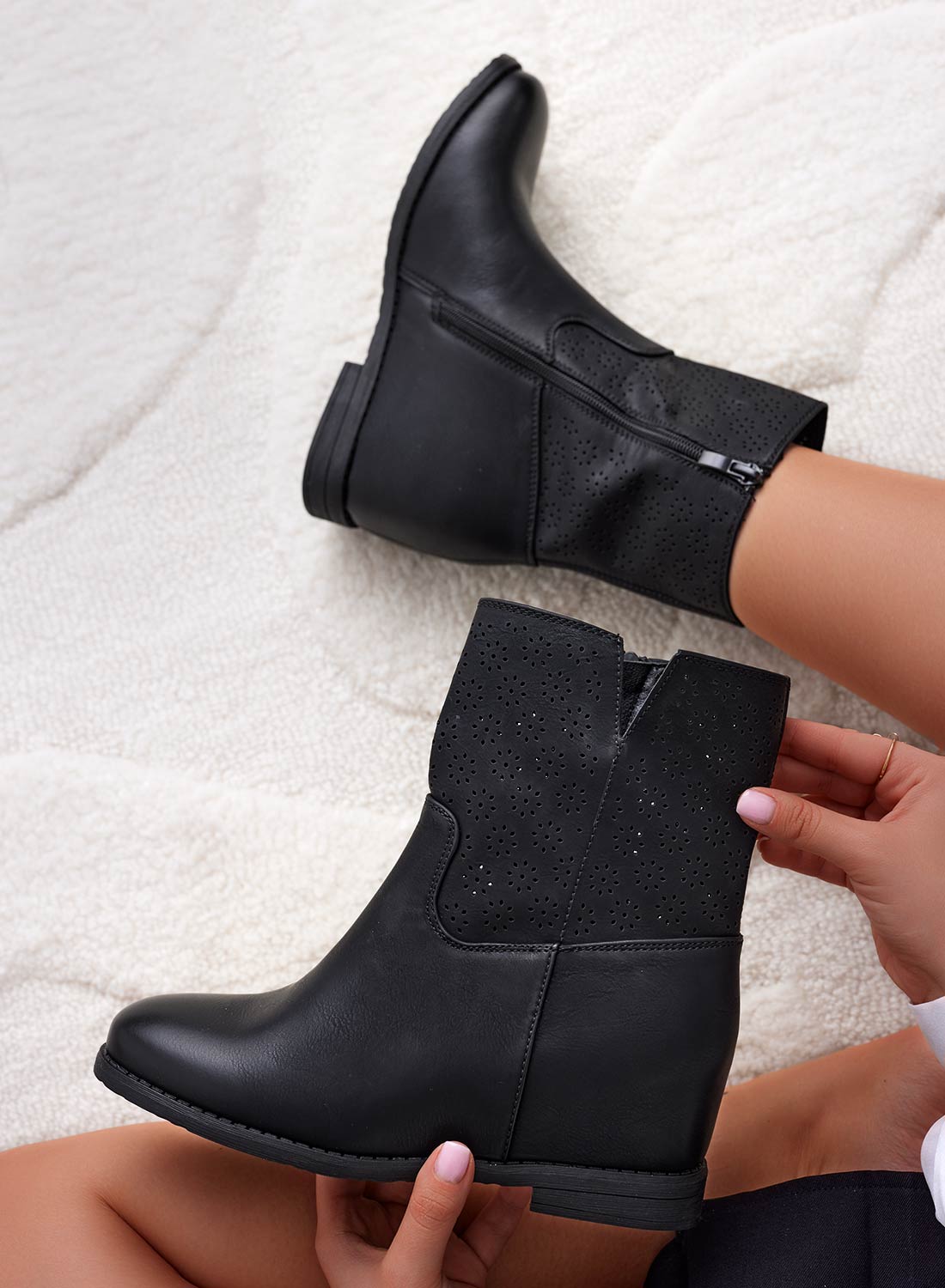 BEKY - Black perforated ankle boots with internal wedge